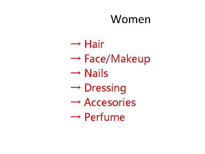 Women → Hair → Face/Makeup → Nails → Dressing → Accesories → Perfume 