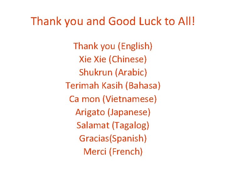 Thank you and Good Luck to All! Thank you (English) Xie (Chinese) Shukrun (Arabic)