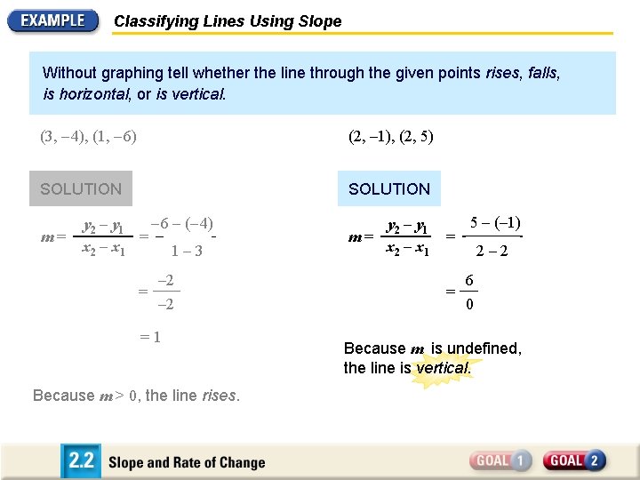 Classifying Lines Using Slope Without graphing tell whether the line through the given points