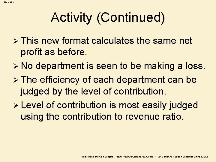 Slide 38. 11 Activity (Continued) Ø This new format calculates the same net profit