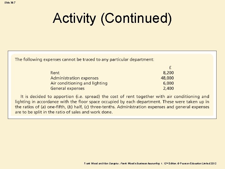 Slide 38. 7 Activity (Continued) Frank Wood and Alan Sangster , Frank Wood’s Business