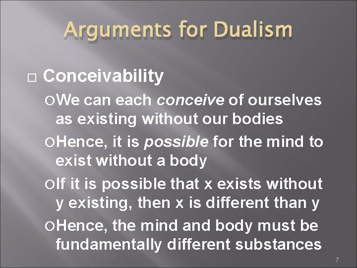 Arguments for Dualism Conceivability We can each conceive of ourselves as existing without our