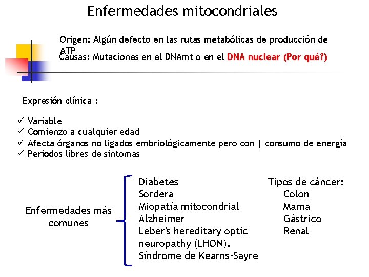 Enfermedades mitocondriales Origen: Algún defecto en las rutas metabólicas de producción de ATP Causas: