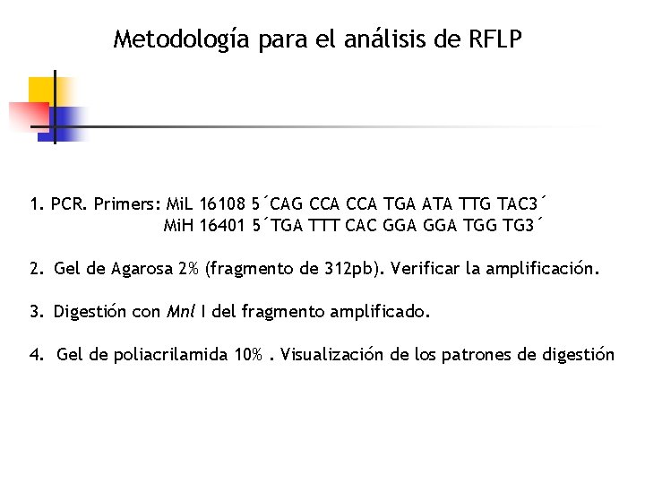 Metodología para el análisis de RFLP 1. PCR. Primers: Mi. L 16108 5´CAG CCA