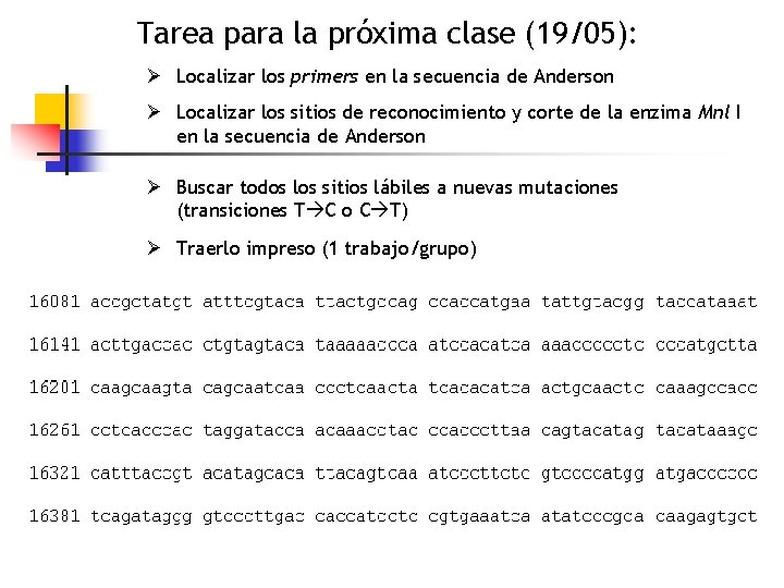 Tarea para la próxima clase (19/05): Ø Localizar los primers en la secuencia de