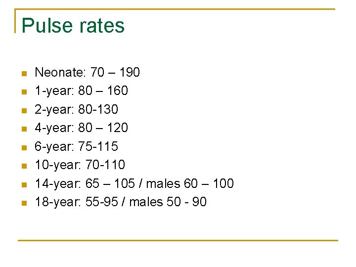 Pulse rates n n n n Neonate: 70 – 190 1 -year: 80 –