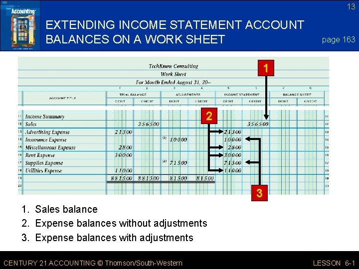 13 EXTENDING INCOME STATEMENT ACCOUNT BALANCES ON A WORK SHEET page 163 1 2