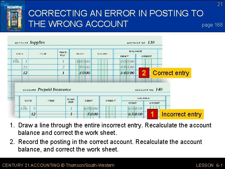 21 CORRECTING AN ERROR IN POSTING TO page 168 THE WRONG ACCOUNT 2 Correct