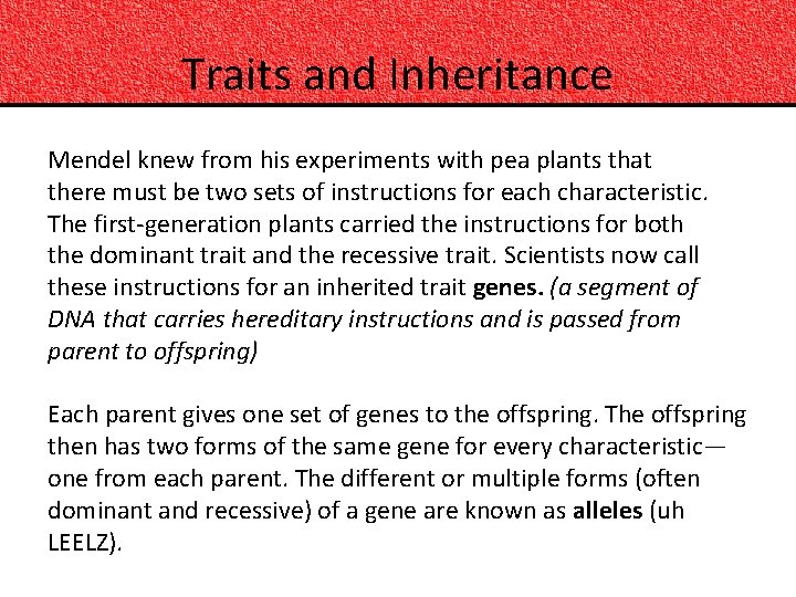 Traits and Inheritance Mendel knew from his experiments with pea plants that there must