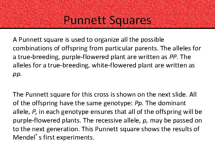 Punnett Squares A Punnett square is used to organize all the possible combinations of