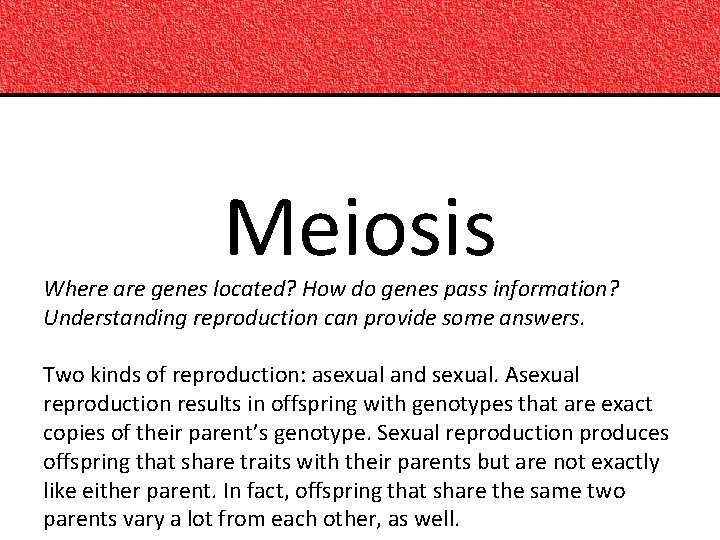 Meiosis Where are genes located? How do genes pass information? Understanding reproduction can provide