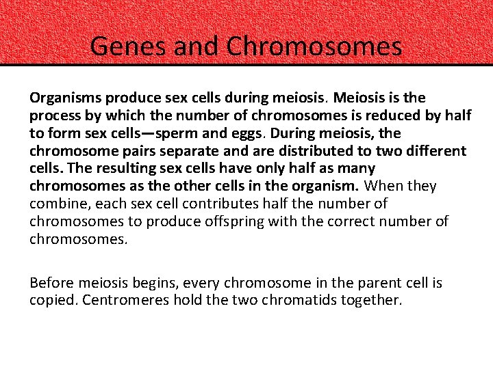 Genes and Chromosomes Organisms produce sex cells during meiosis. Meiosis is the process by
