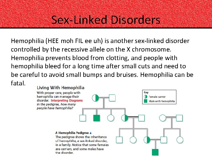 Sex-Linked Disorders Hemophilia (HEE moh FIL ee uh) is another sex-linked disorder controlled by