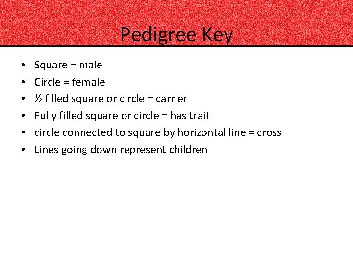 Pedigree Key • • • Square = male Circle = female ½ filled square