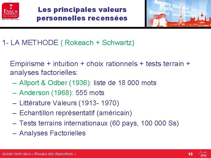Les principales valeurs personnelles recensées 1 - LA METHODE ( Rokeach + Schwartz) Empirisme Les principales valeurs personnelles recensées 1 - LA METHODE ( Rokeach + Schwartz) Empirisme