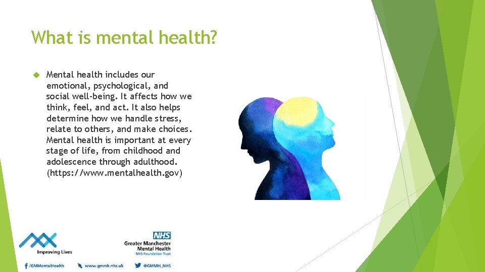What is mental health? Mental health includes our emotional, psychological, and social well-being. It