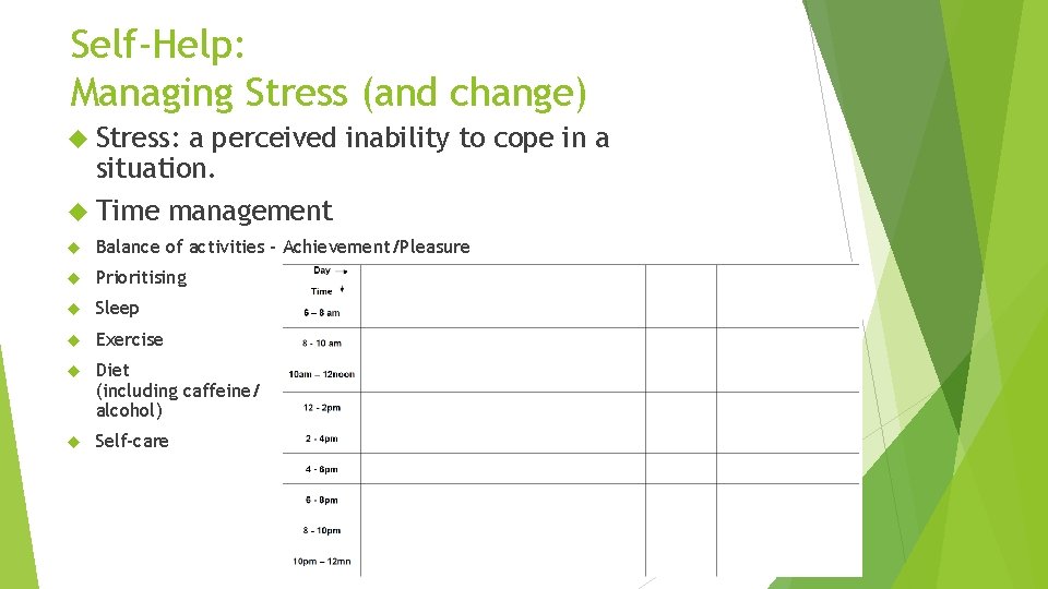 Self-Help: Managing Stress (and change) Stress: a perceived inability to cope in a situation.