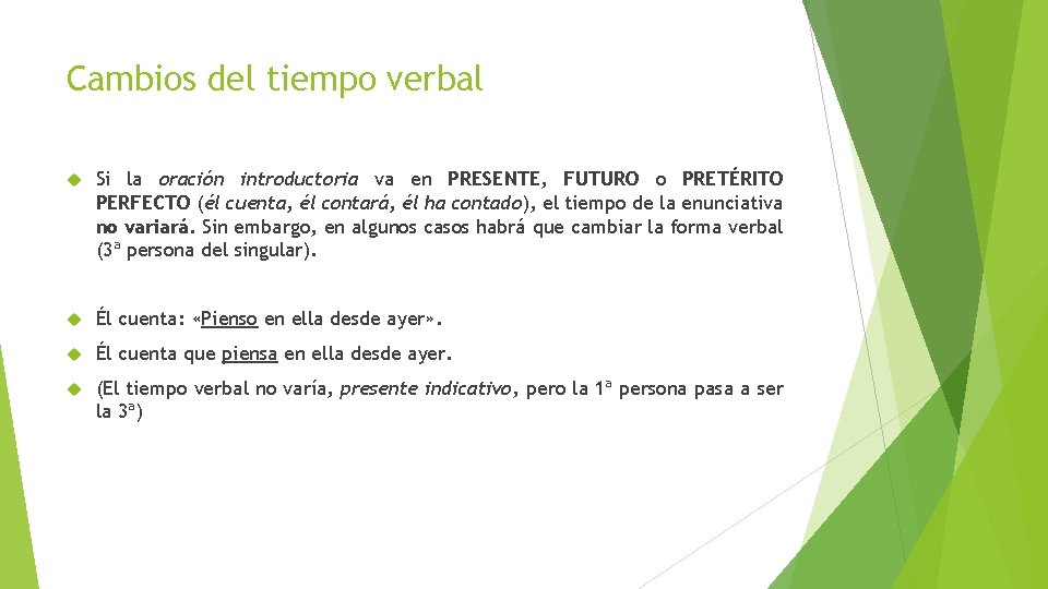 Cambios del tiempo verbal Si la oración introductoria va en PRESENTE, FUTURO o PRETÉRITO