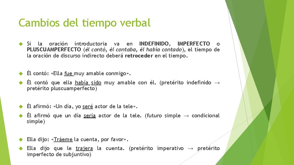 Cambios del tiempo verbal Si la oración introductoria va en INDEFINIDO, IMPERFECTO o PLUSCUAMPERFECTO