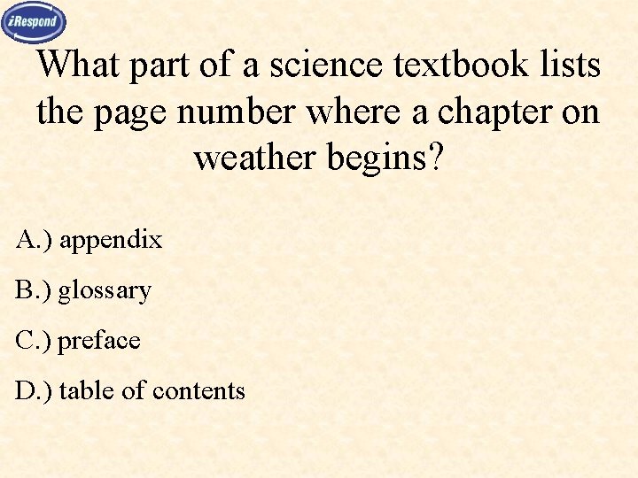 What part of a science textbook lists the page number where a chapter on