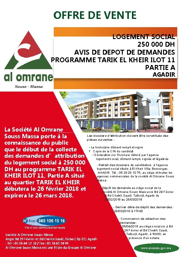 OFFRE DE VENTE LOGEMENT SOCIAL 250 000 DH AVIS DE DEPOT DE DEMANDES PROGRAMME