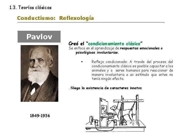 1. 3. Teorías clásicas Conductismo: Reflexología Pavlov Creó el “condicionamiento clásico” Se enfoca en