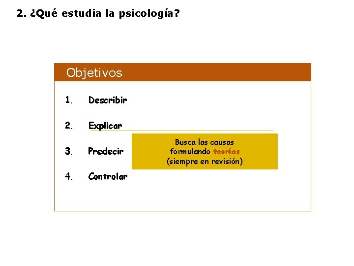 2. ¿Qué estudia la psicología? Objetivos 1. Describir 2. Explicar 3. Predecir 4. Controlar