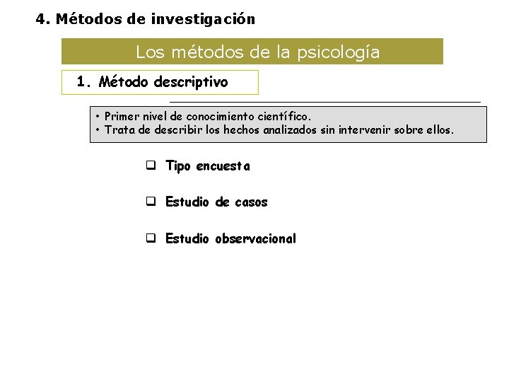 4. Métodos de investigación Los métodos de la psicología 1. Método descriptivo • Primer