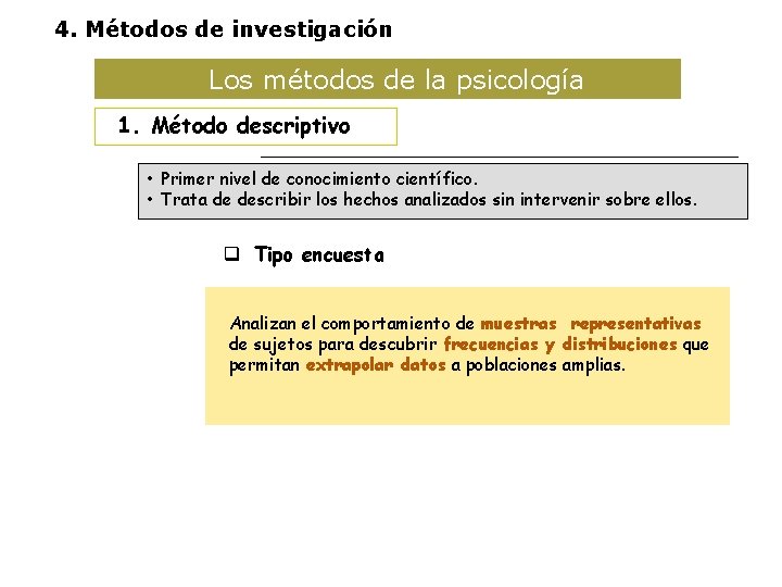 4. Métodos de investigación Los métodos de la psicología 1. Método descriptivo • Primer