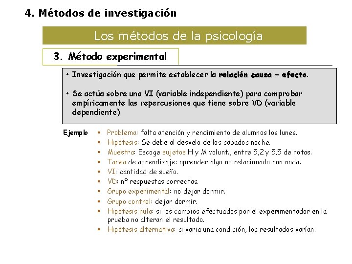 4. Métodos de investigación Los métodos de la psicología 3. Método experimental • Investigación