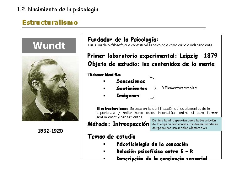 1. 2. Nacimiento de la psicología Estructuralismo Wundt Fundador de la Psicología: Fue el