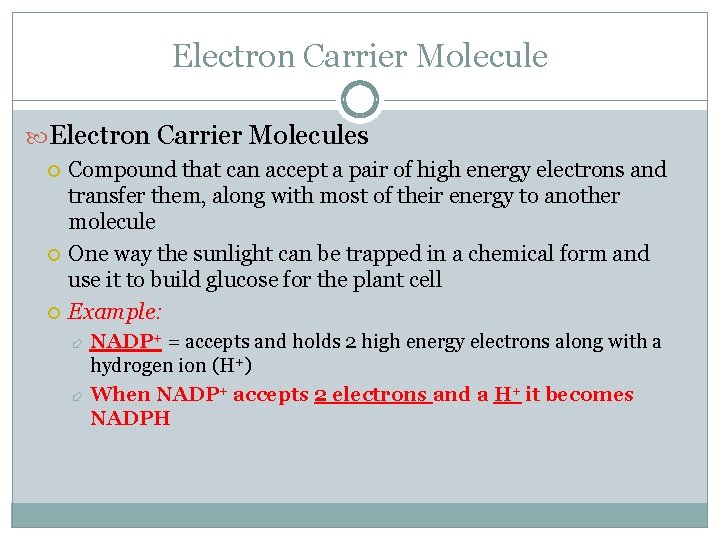 Electron Carrier Molecules Compound that can accept a pair of high energy electrons and