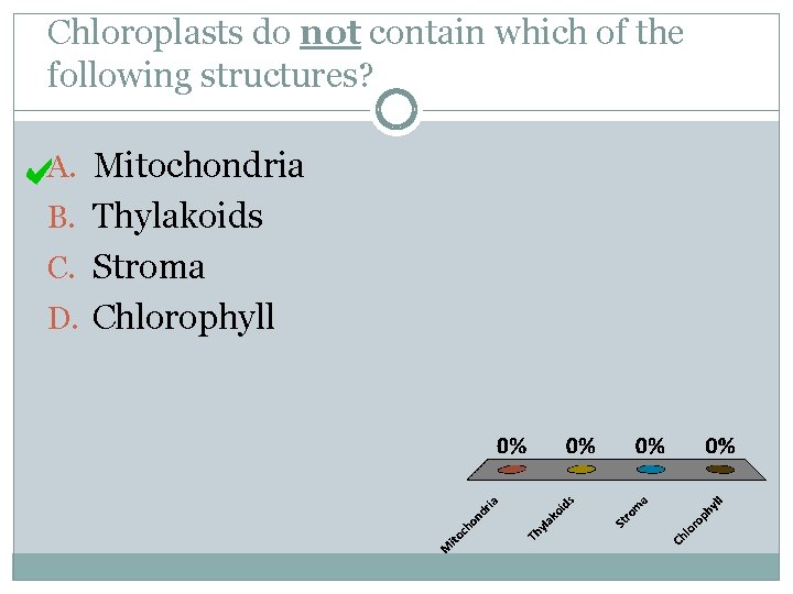 Chloroplasts do not contain which of the following structures? A. Mitochondria B. Thylakoids C.