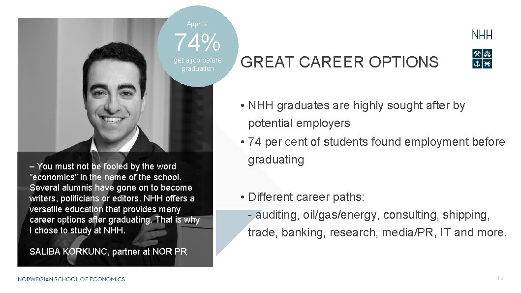 Approx. 74% get a job before graduation GREAT CAREER OPTIONS • NHH graduates are