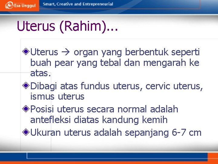 Uterus (Rahim). . . Uterus organ yang berbentuk seperti buah pear yang tebal dan