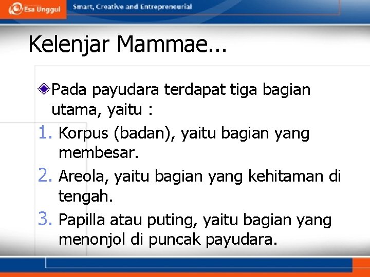 Kelenjar Mammae. . . Pada payudara terdapat tiga bagian utama, yaitu : 1. Korpus