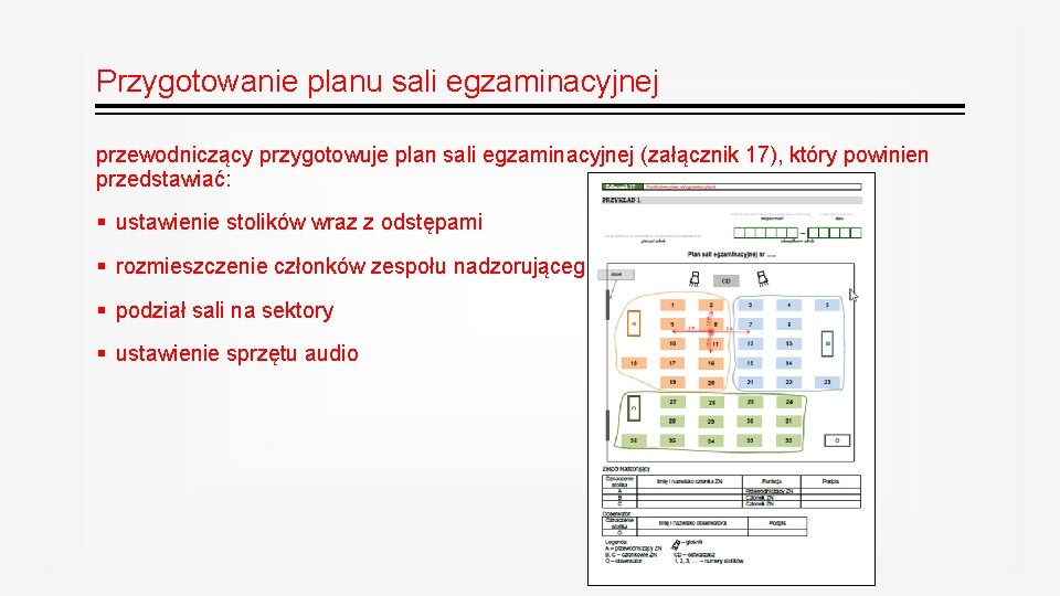 Przygotowanie planu sali egzaminacyjnej przewodniczący przygotowuje plan sali egzaminacyjnej (załącznik 17), który powinien przedstawiać: