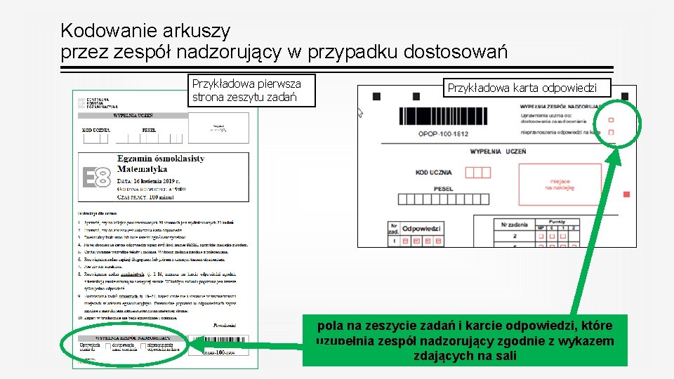 Kodowanie arkuszy przez zespół nadzorujący w przypadku dostosowań Przykładowa pierwsza strona zeszytu zadań Przykładowa