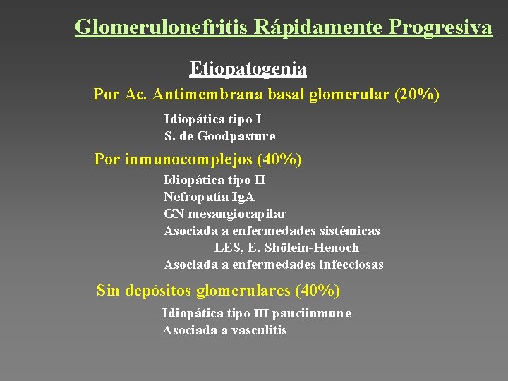 Glomerulonefritis Rápidamente Progresiva Etiopatogenia Por Ac. Antimembrana basal glomerular (20%) Idiopática tipo I S.