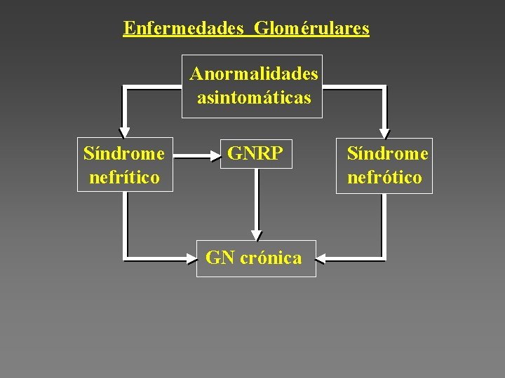 Enfermedades Glomérulares Anormalidades asintomáticas Síndrome nefrítico GNRP GN crónica Síndrome nefrótico 