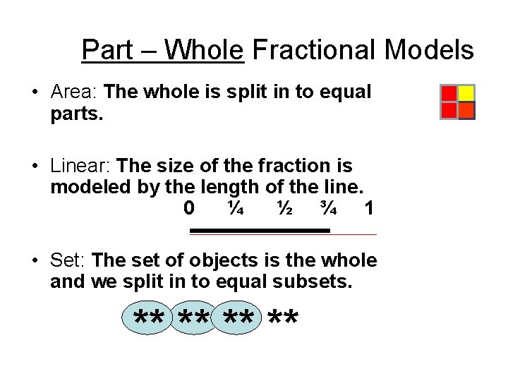 Part – Whole Fractional Models • Area: The whole is split in to equal
