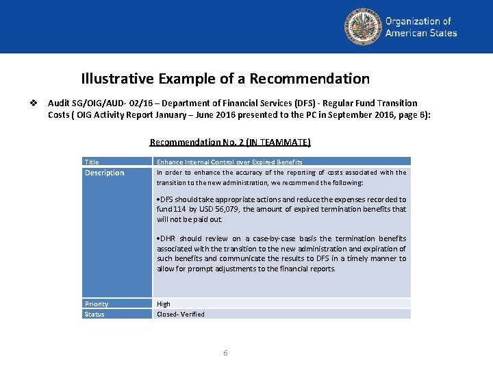 Illustrative Example of a Recommendation v Audit SG/OIG/AUD- 02/16 – Department of Financial Services Illustrative Example of a Recommendation v Audit SG/OIG/AUD- 02/16 – Department of Financial Services
