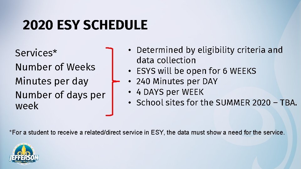 2020 ESY SCHEDULE Services* Number of Weeks Minutes per day Number of days per