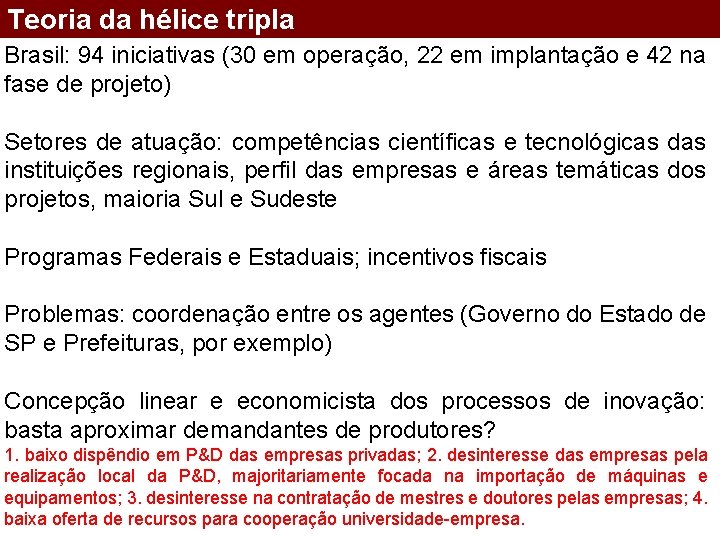 Teoria da hélice tripla Brasil: 94 iniciativas (30 em operação, 22 em implantação e