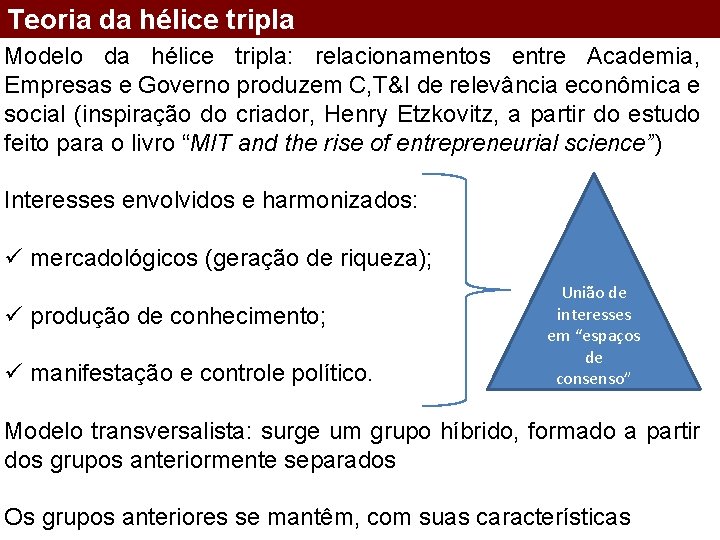 Teoria da hélice tripla Modelo da hélice tripla: relacionamentos entre Academia, Empresas e Governo