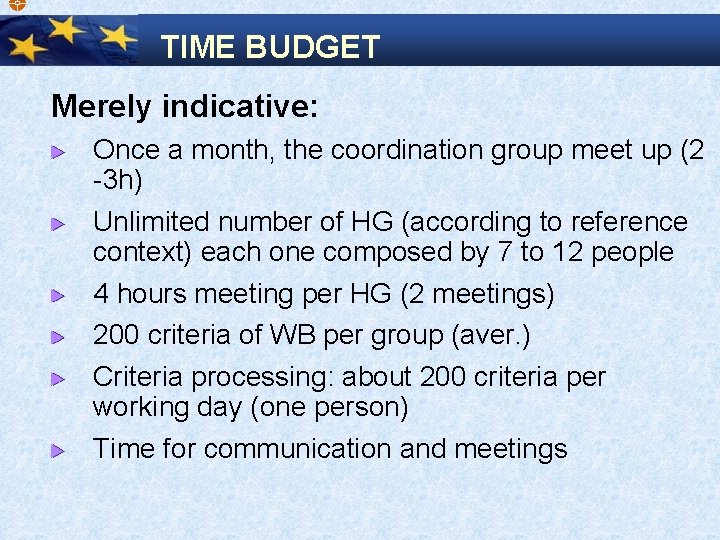  TIME BUDGET Merely indicative: Once a month, the coordination group meet up (2