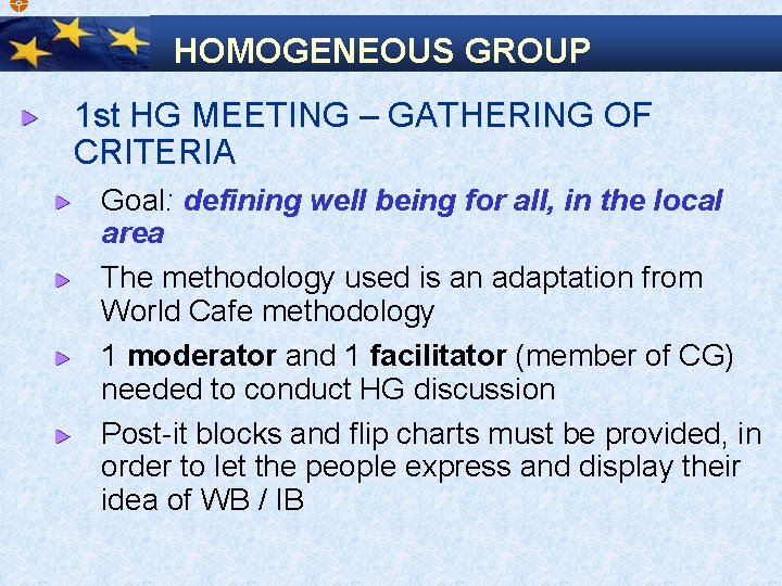  HOMOGENEOUS GROUP 1 st HG MEETING – GATHERING OF CRITERIA Goal: defining well