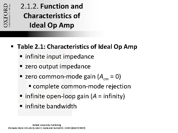 2. 1. 2. Function and Characteristics of Ideal Op Amp § Table 2. 1: