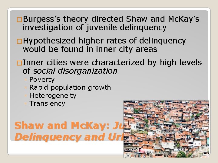 �Burgess’s theory directed Shaw and Mc. Kay’s investigation of juvenile delinquency �Hypothesized higher rates