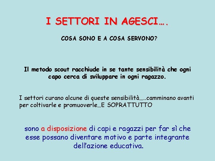 I SETTORI IN AGESCI…. COSA SONO E A COSA SERVONO? Il metodo scout racchiude I SETTORI IN AGESCI…. COSA SONO E A COSA SERVONO? Il metodo scout racchiude